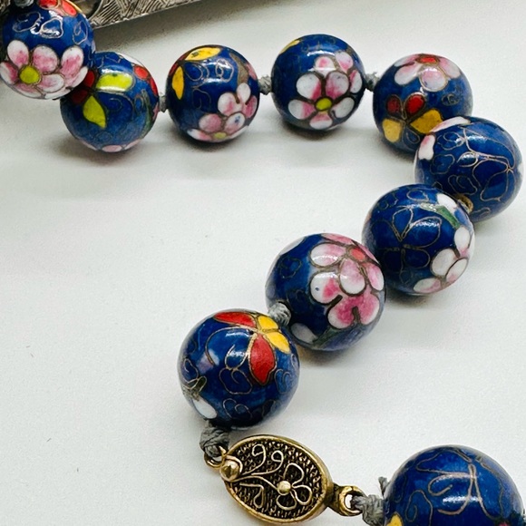 Antique Vintage Blue Cloisonné flower Enamel Jumbo Bead Necklace - Picture 15 of 17